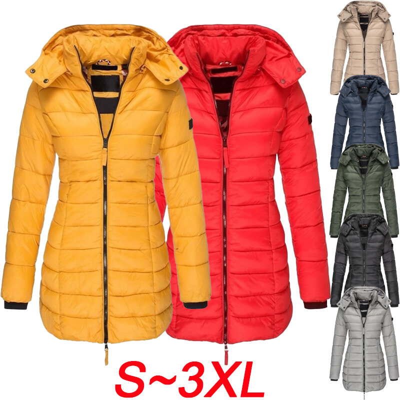 여성용 지퍼 후드 면 재킷, 캐쥬얼, 두껍고 따뜻한 긴 재킷, 긴팔, 경량 다운 재킷, 가을 및 겨울