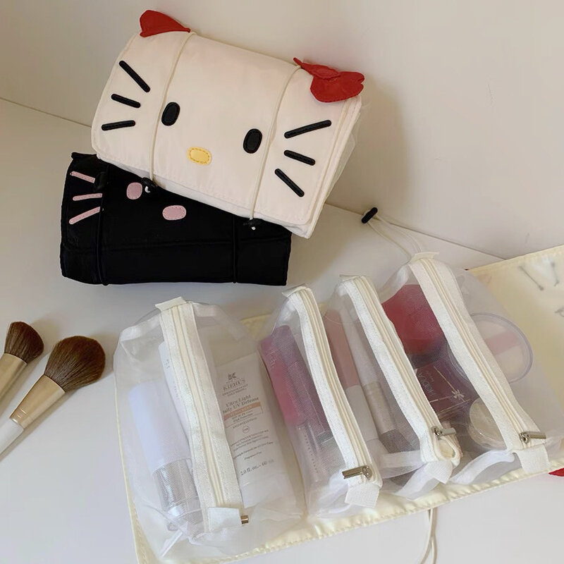 Bolsa de maquillaje con dibujos de Hello Kitty para mujer, neceser portátil de gran capacidad, desmontable, de viaje, impermeable, novedad de 2024