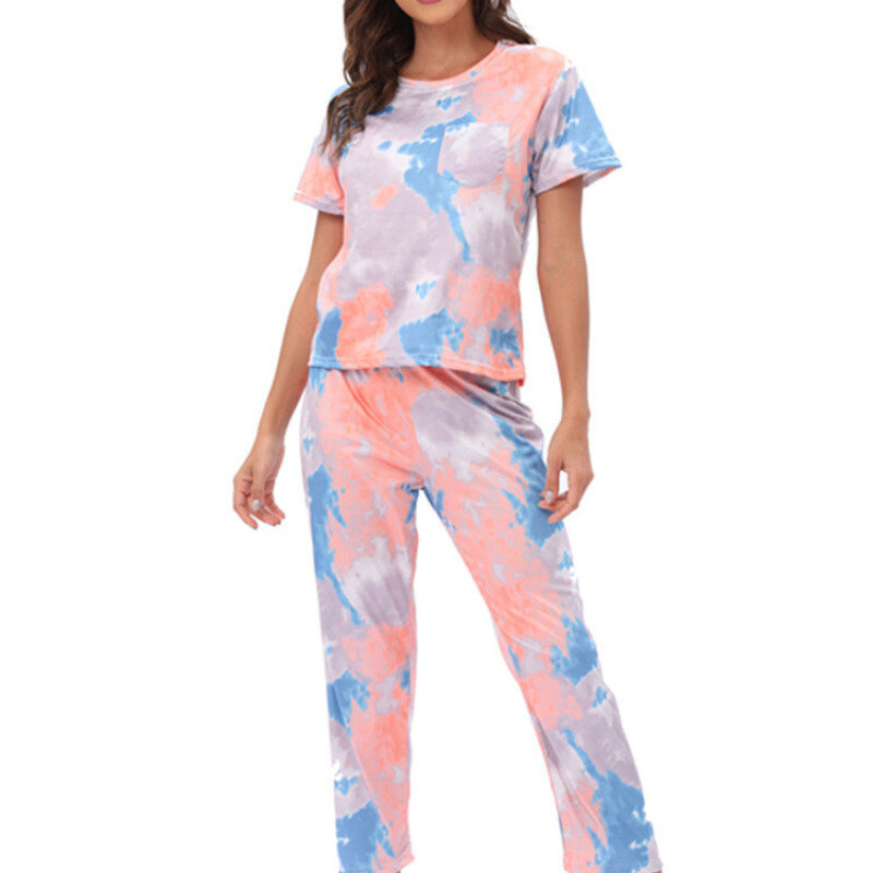 Conjunto de pijama de manga curta feminino, pijama estampado, roupa de dormir, bolso, primavera, verão, calças, Homewear, 2 peças