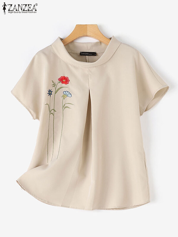 Рубашка ZANZEA женская с цветочной вышивкой, винтажная блузка с круглым вырезом и коротким рукавом, топ для работы, Повседневная Свободная блуза, Chemsie, лето 2024