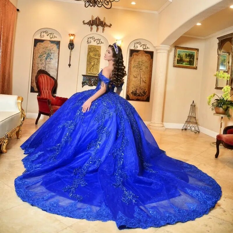 Vestidos de Quinceañera de princesa Azul Real, vestido de baile con hombros descubiertos, apliques de cuentas, dulce 16 vestidos, 15 Años, mexicano