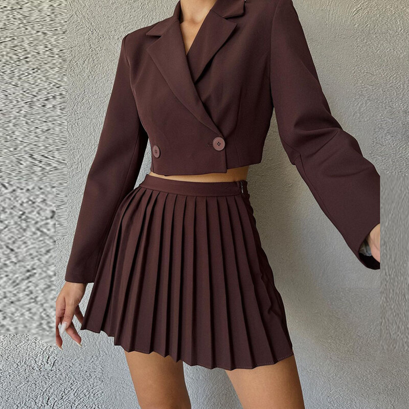Terno de blazer curto casual feminino, blazer elegante de manga longa e mini saia plissada, cor sólida, 2 peças, outono