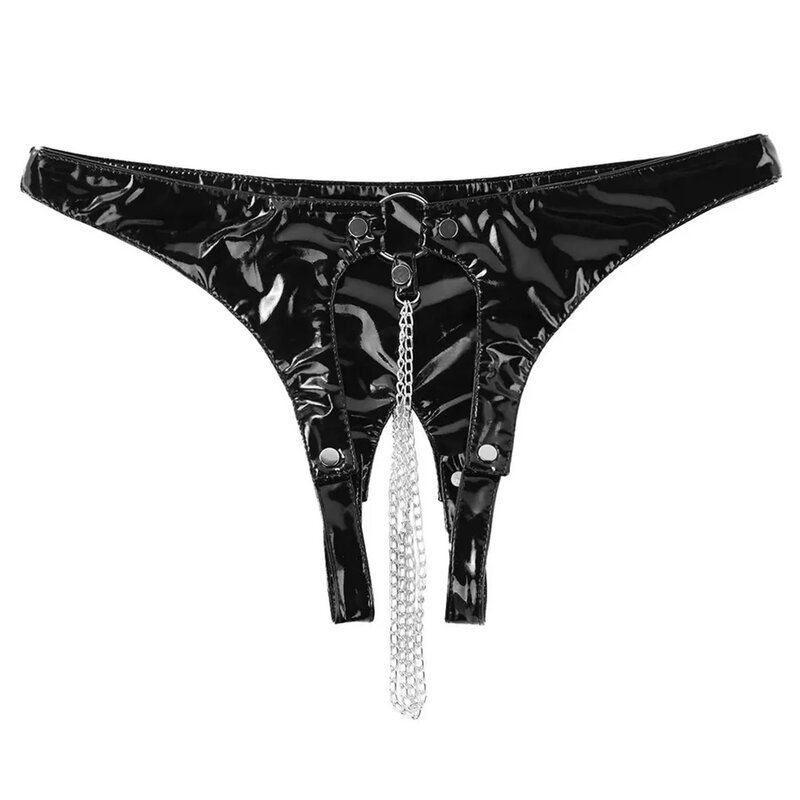 Sexy Wet Look Crotchless T-back Thongs Women PU Leather Cutout Panties Briefs Underwear Females Open Butt Low Waist Briefs