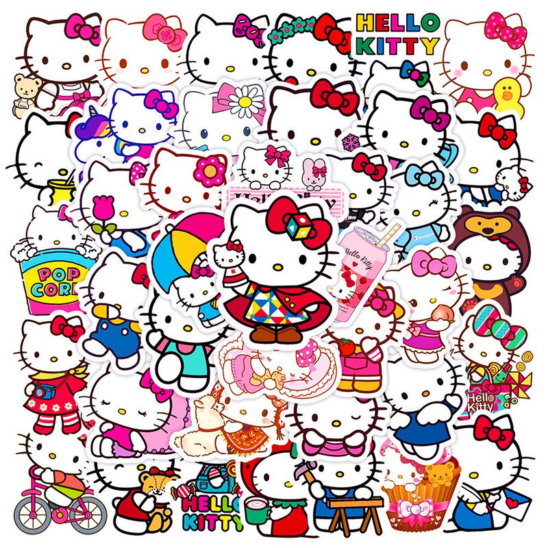 Autocollants de dessin animé mignon Hello Kitty pour enfants, autocollant imperméable esthétique, décalcomanie bricolage, fille Kawaii, valise Graffiti, 10 pièces, 30 pièces, 50 pièces