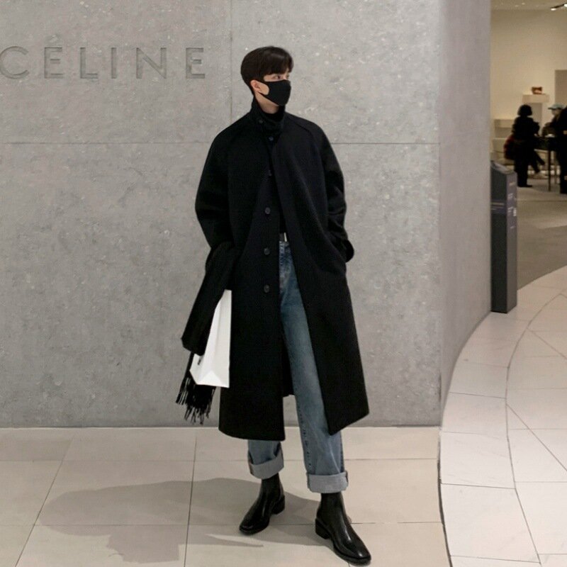Шерстяное пальто мужское длинное осенне-зимнее свободное шерстяное пальто корейской версии с бархатной подкладкой