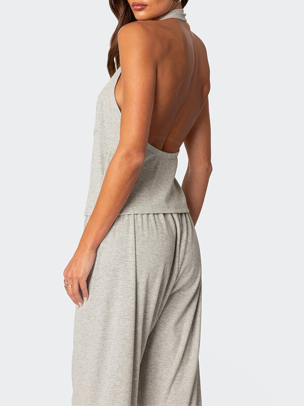 Women 2 Pcs Lounge Set Sleeveless Halter Neck Button Tops Casual Drawstring Pants Sleepwear