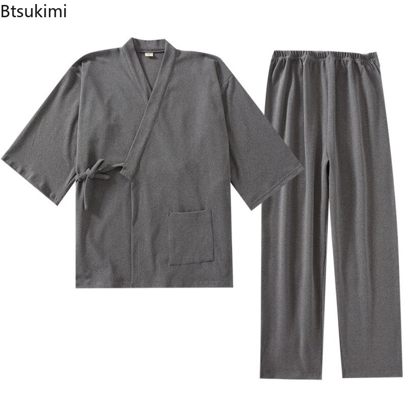 Conjuntos de pijamas japoneses tradicionales para hombres, ropa de casa cálida más gruesa de felpa de dos lados, Tops de Kimono y pantalones, traje de camisón de moda