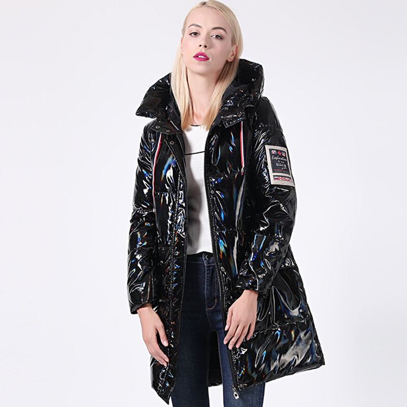Jaqueta feminina acolchoada longa com capuz, parka glitter holográfica prateada, jaquetas grossas, casaco de inverno, 2022