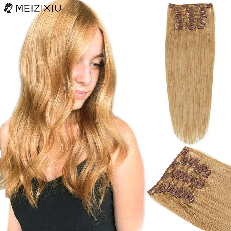 Blond włosy doczepiane Clip In 100% Remy włosy z nakładką do prostowania w ludzkich włosów dla kobiet przypinane włosy 24 Cal 10 szt #27