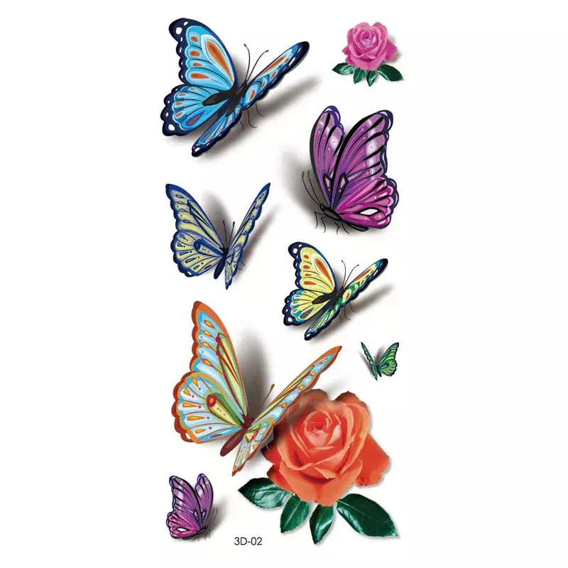Stiker Tato Sementara untuk Wanita Stiker Tato Seni Tubuh 3D Kupu-kupu Bunga Mawar Bulu Tato Tahan Air Hadiah Halloween