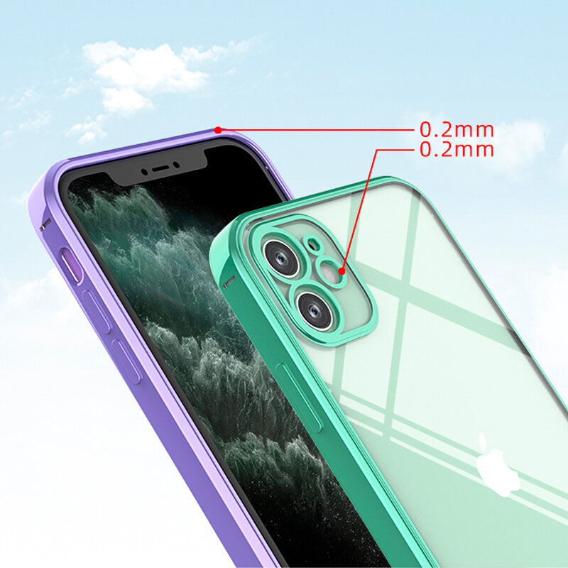 Capa de silicone transparente para iPhone, chapeamento luxuoso, moldura quadrada, tampa traseira transparente, iPhone 11, 12, 13, 14, 15 Pro Max, X, XR, XS Max, 7 Plus