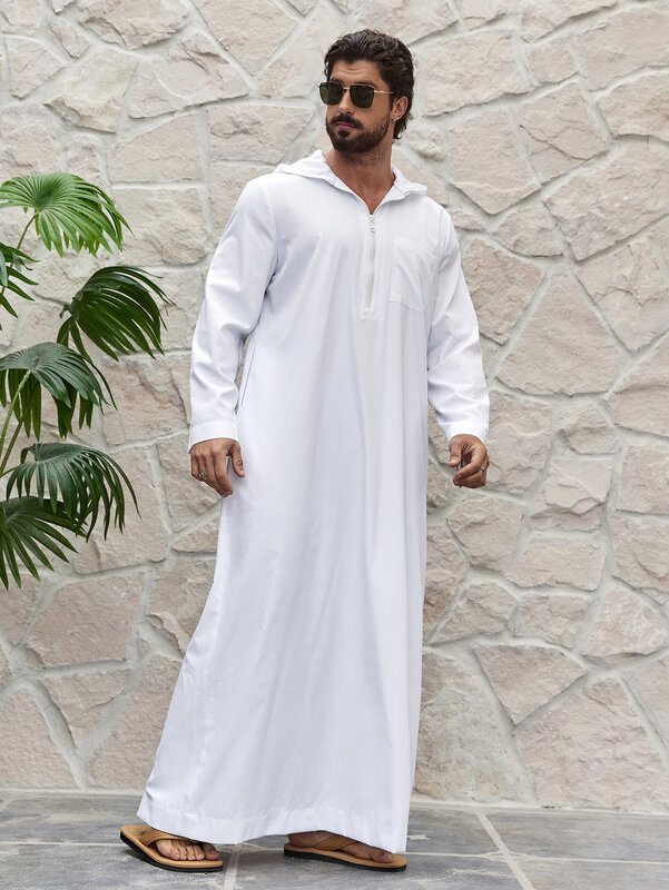 Ramadan thobe มุสลิมมีฮู้ดสีทึบของผู้ชายเสื้อคลุมยาวของอิสลามเสื้อผ้าชายมุสลิมแฟชั่นตะวันออกกลาง