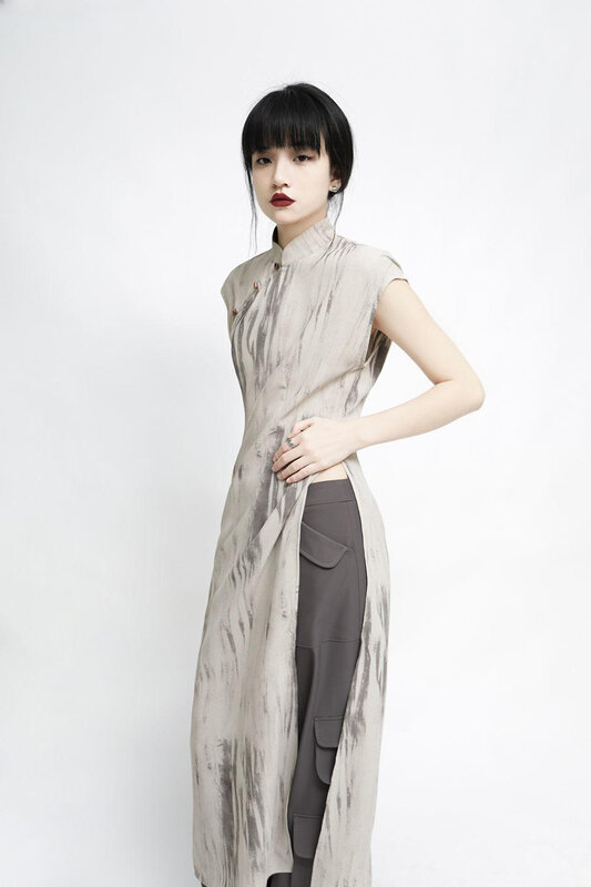 Cheongsam feminino sem mangas compridas, vestido tradicional chinês, qipao com gola mandarim elegante, novo estilo chinês, 2024