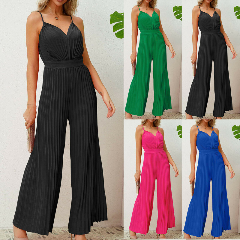 Fashion New Jumpsuits Summer Solid Color Suspender V-Neck Jumpsuits Casual Versatile Pressure Pleated Loose Wide Leg Rompers
