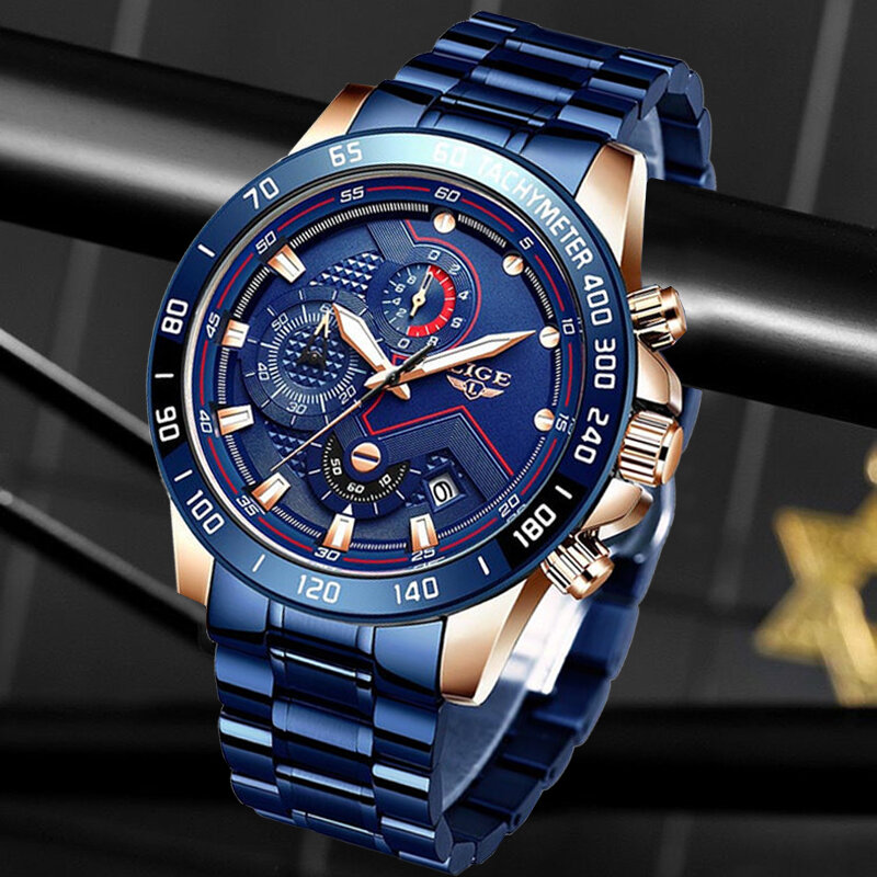 Lige-メンズスポーツウォッチ,ミリタリー腕時計,完全なスチールブレスレット,ファッショナブル,カジュアル