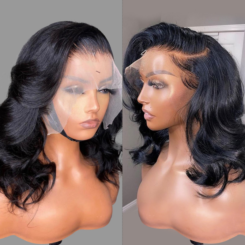 Peluca de cabello humano ondulado para mujeres negras, frontal corto de encaje postizo, corte Bob, brasileño, 5x1, Parte en T, mojado y ondulado
