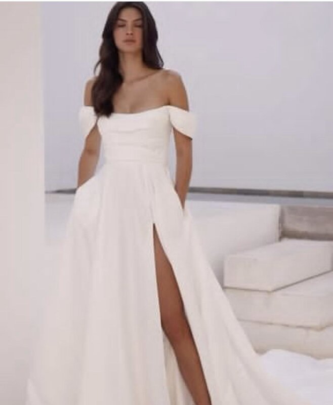 Elegancka satynowa suknia ślubna rozcięcia po bokach krótki rękaw dla kobiet z kieszenią 2024 cywilne suknie ślubne dostosowane do środków eleganckich