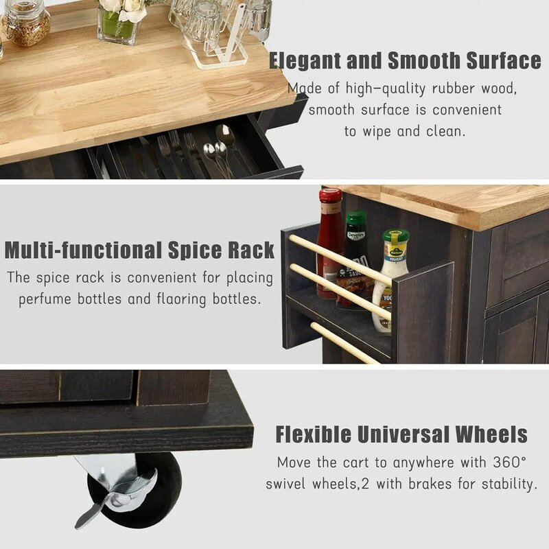 NSdirect Kitchen Island Cart,Kitchen Bar&Serving Cart Rolling on Wheels with Spice Rack Towel Holder Utility Storage Trolley