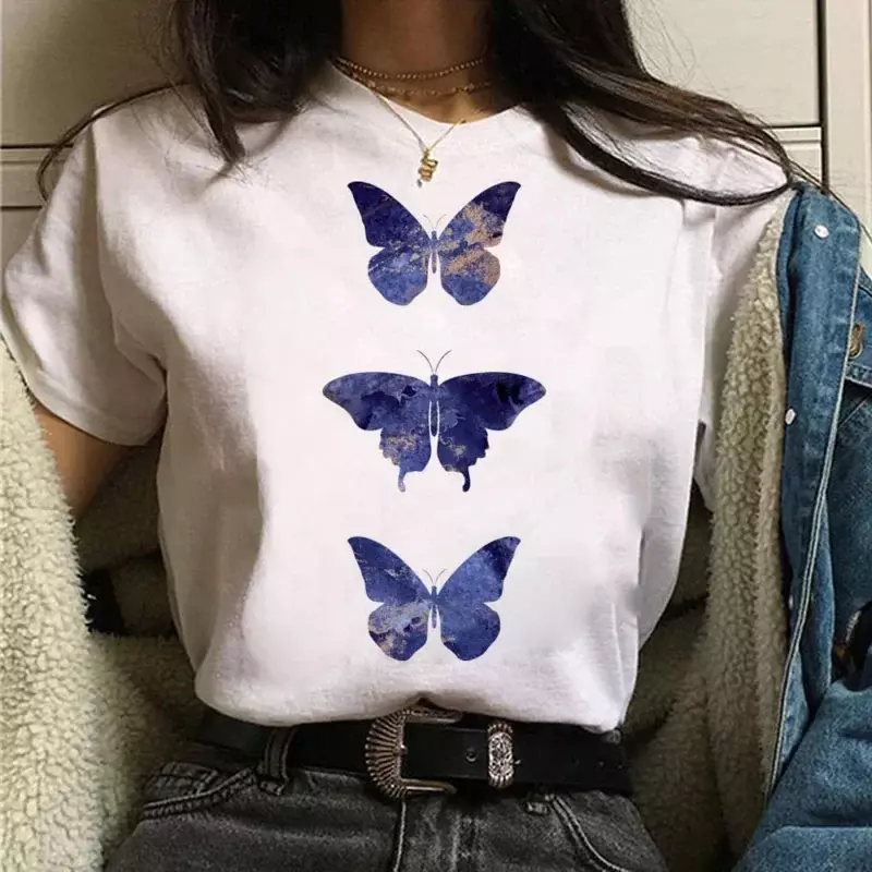 Kaus motif hati kupu-kupu merah kaus grafis Harajuku wanita Fashion blus musim panas kaus atasan wanita cantik