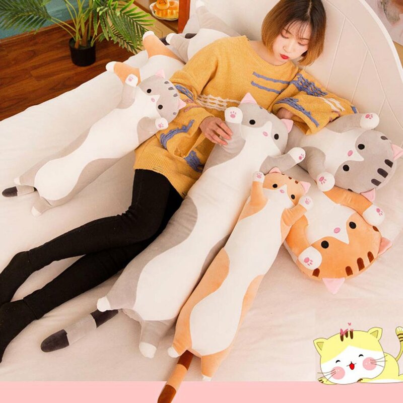 Bonito travesseiro macio e longo gato, gatinho recheado, travesseiros de joelho, brinquedos de pelúcia para dormir, presente para crianças e adultos, 50cm
