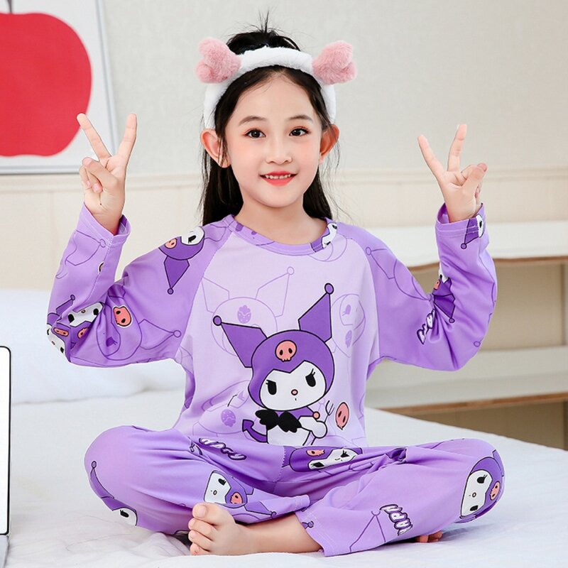 Cute Sanrio Cinnamoroll Children Pajamas Suit Hello Kitty Sleepwear Kuromi Melody Girl Boy Spring Long Sleeved Home Suit Gifts