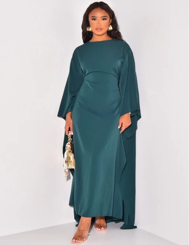 Vestidos estilo africano para mulheres, vestido de festa monocromático, gola redonda, cintura alta, vestido muçulmano longo, moda, outono, 2023