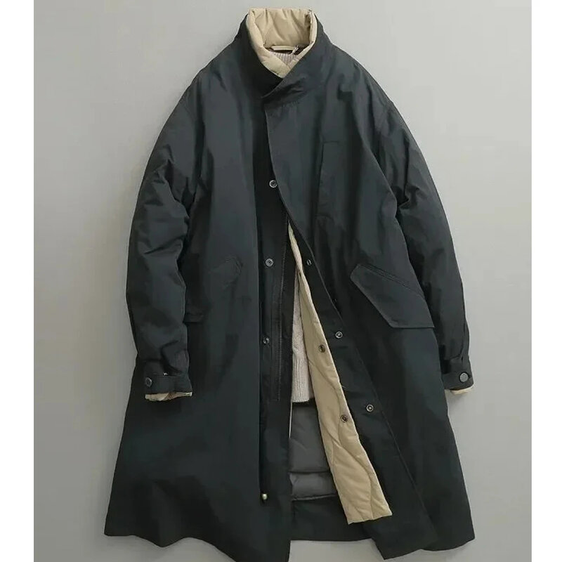 남성용 겨울 롱 패딩 재킷, 하라주쿠 빈티지 가짜 2 피스 코튼 퀼트 트렌치 코트, 따뜻한 파카, 오버사이즈 솔리드 디자이너