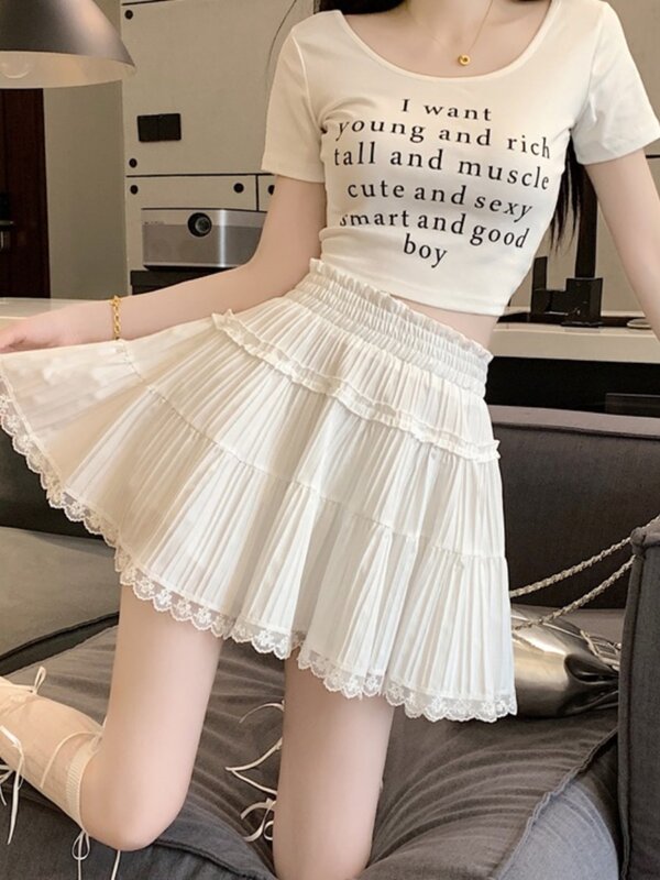 Женская юбка, Белая Летняя Милая трапециевидная мини-юбка в стиле Харадзюку, Милая женская одежда