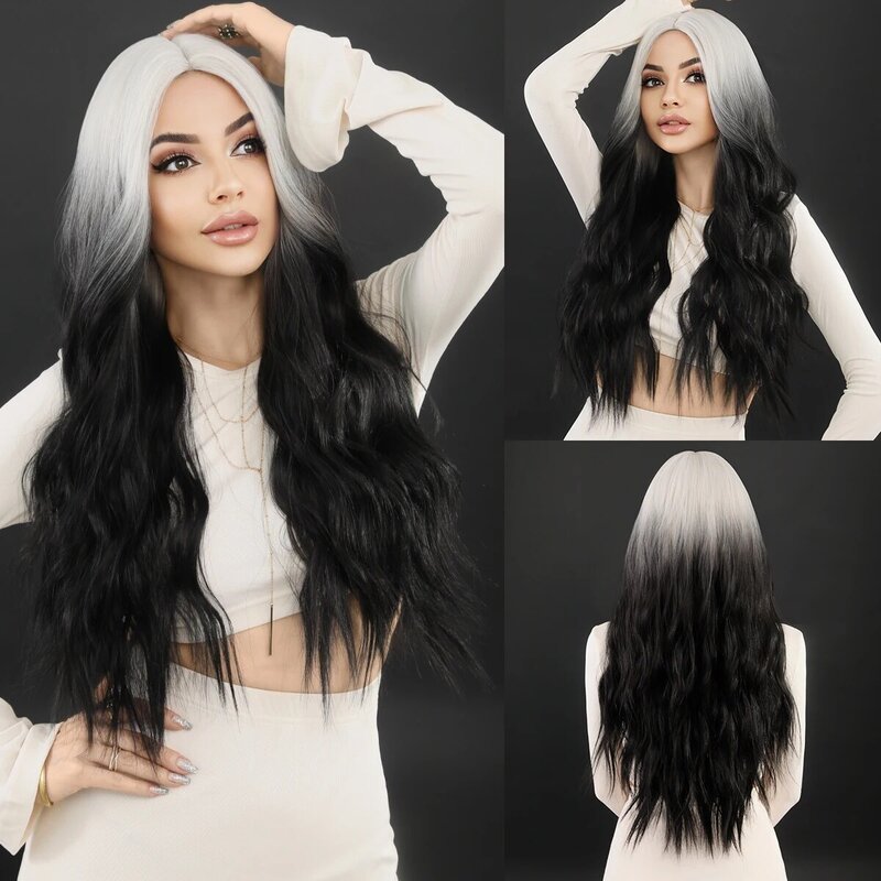 NAMM Wig Rambut Berombak Hitam Putih Ombre untuk Wanita Cosplay Pesta Harian Sintetis Alami Bagian Tengah Wig Keriting Lolita Tahan Panas