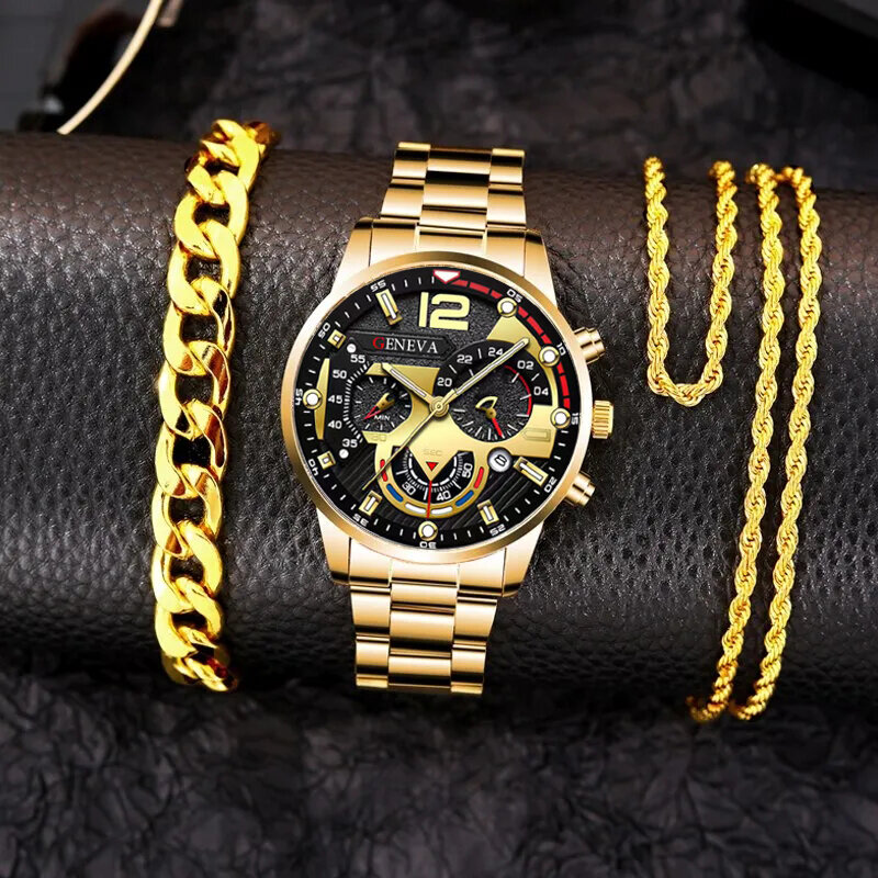 Relógio de pulso de quartzo em aço inoxidável masculino, bracelete dourado, colar, relógios de negócios, moda casual, conjunto 3 peças
