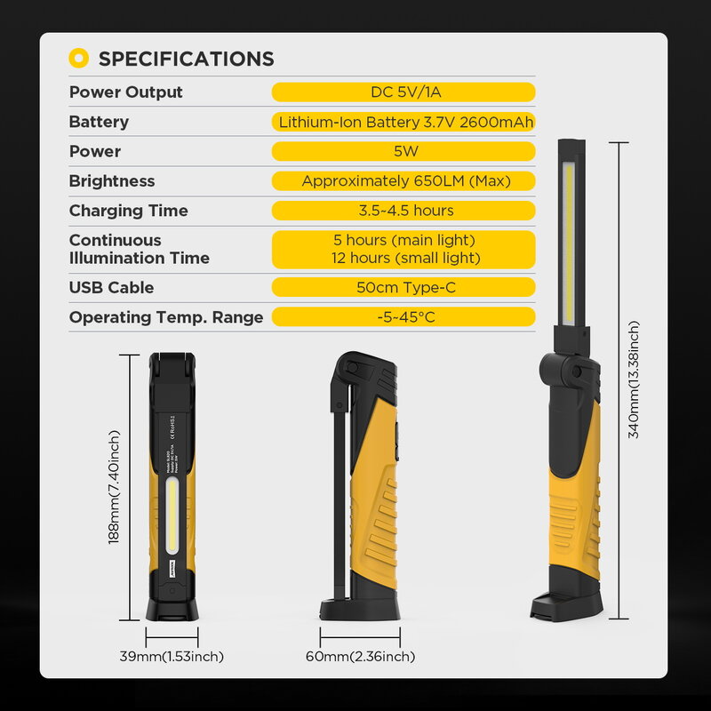 AUTOOL SL820 Magnatic Base Rechargeable Work Light Foldable Flashlight Standby Work 12h with 2600mAh Li-Battery for Car Repair
