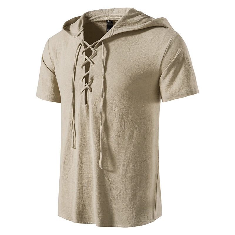 Футболка мужская с капюшоном и коротким рукавом, хлопковая льняная рубашка с V-образным вырезом, дышащая Повседневная футболка со светодиодной подсветкой, лето