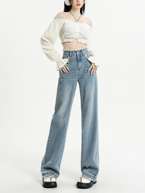 Jeans Pinggang Tinggi Tepi Duri untuk Wanita Celana Denim Kaki Lebar Lurus Celana Y2k Celana Panjang Antik Pakaian Jalan Jeans Ibu Panjang Penuh