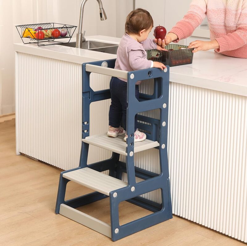 Adjustable Height Plastic Kitchen Step Stool for Children, Kids Toddlers Counter Level Learning Stool for Kitchen & Bathroom