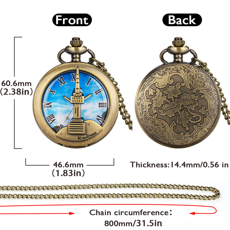 Bronze N Seoul Tower Awesome Handcraft Buliding Quartz Pocket Watch Collection Souvenir Necklace Clock with 80cm/38cm Chain