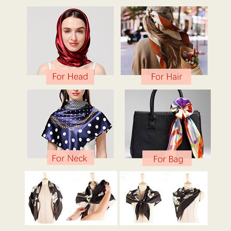 90cm Square Silk Scarf Women Shawls Designer Print Hijab Foulard Head Wraps For Lady Neck Scarves Satin Headband 2022 New