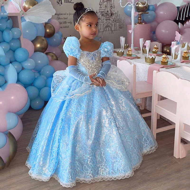 Cinderella Cosplay Costume Kids Clothes For Girls Dress Baby Girl Ball Gown Princess Dresses For Birthday Party Crown Lace Frock