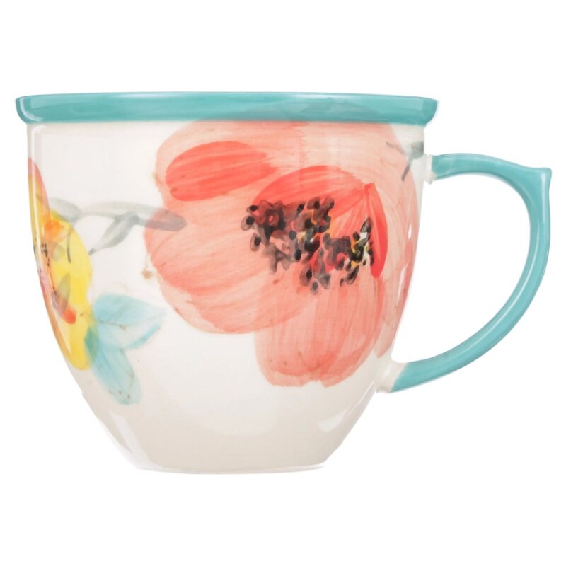 Vintage Bloom Turquoise Cermaic 4-Piece 16-Ounce Coffee Mug Set