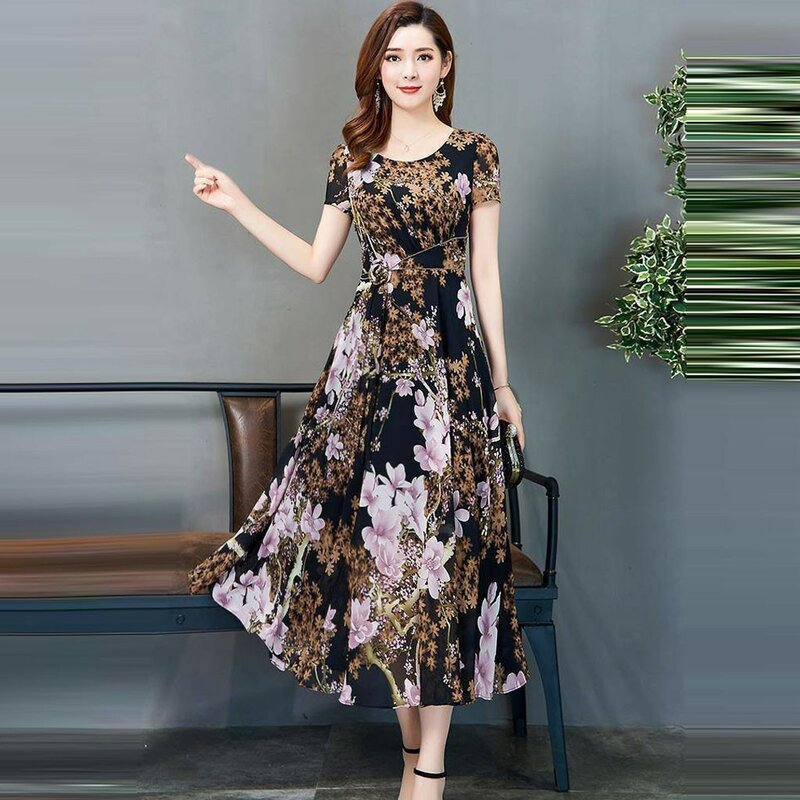 Женское длинное платье с цветочным принтом, оборками и круглым вырезом