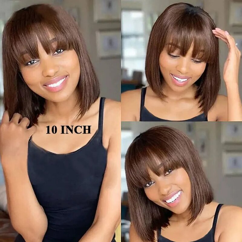 Put On And Go Straight Bob Wig With Bangs Natural Short Straight Wigs Full Machine Made Glueless Brazilian Virgin Hair Bangs Wig