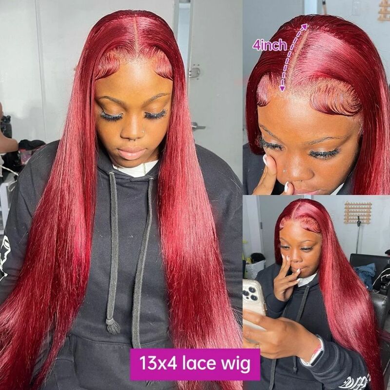 Czerwone burgundowe 99J proste 13x4 koronkowa peruka na przód ludzkie włosy 13x6 kolorowe peruki typu Lace Front dla kobiet brazylijskie zamknięcie koronki peruki