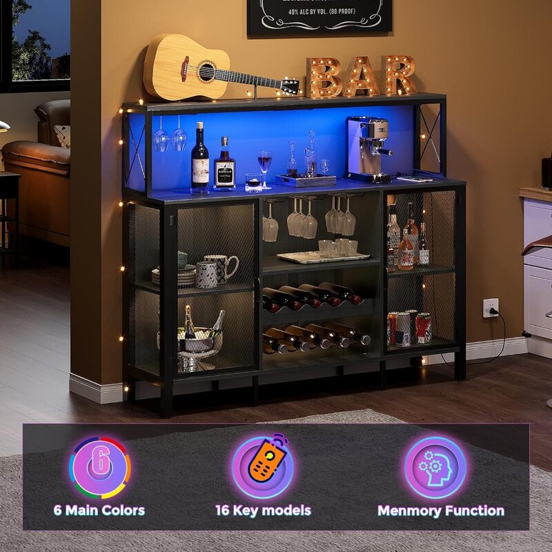 Kabinet Bar, lemari Bar sudut rumah, dengan Outlet daya, dengan lampu LED RGB, untuk ruang makan dapur ruang tamu, Kabinet Bar