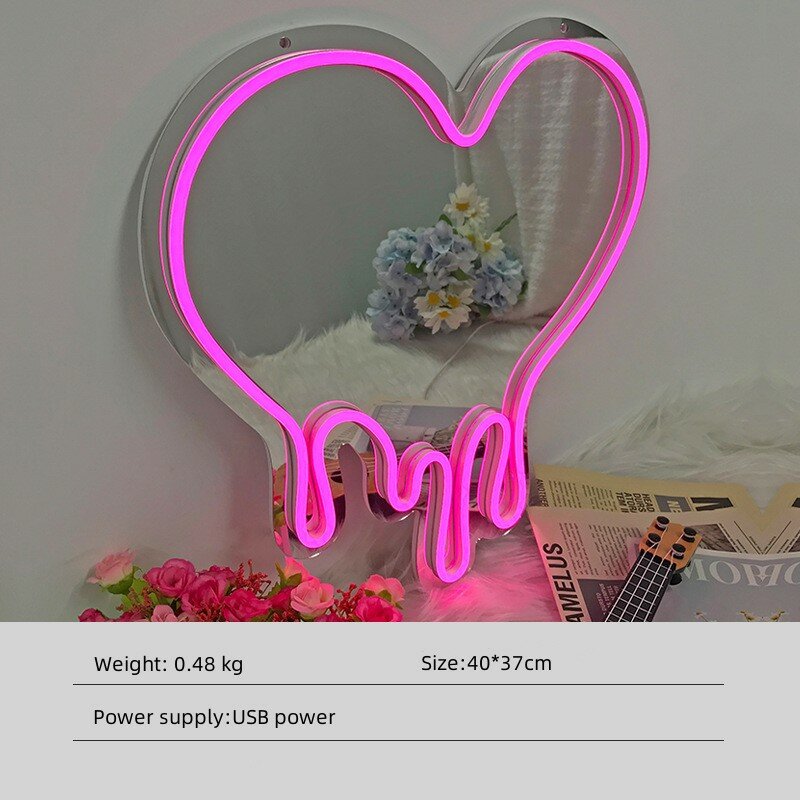 Mirror Led Neon Sign Lights for Girls Room Decor Lamp Party Art Wall Decoration Love Rectangle Hello Kitty Shape Neon Mirror