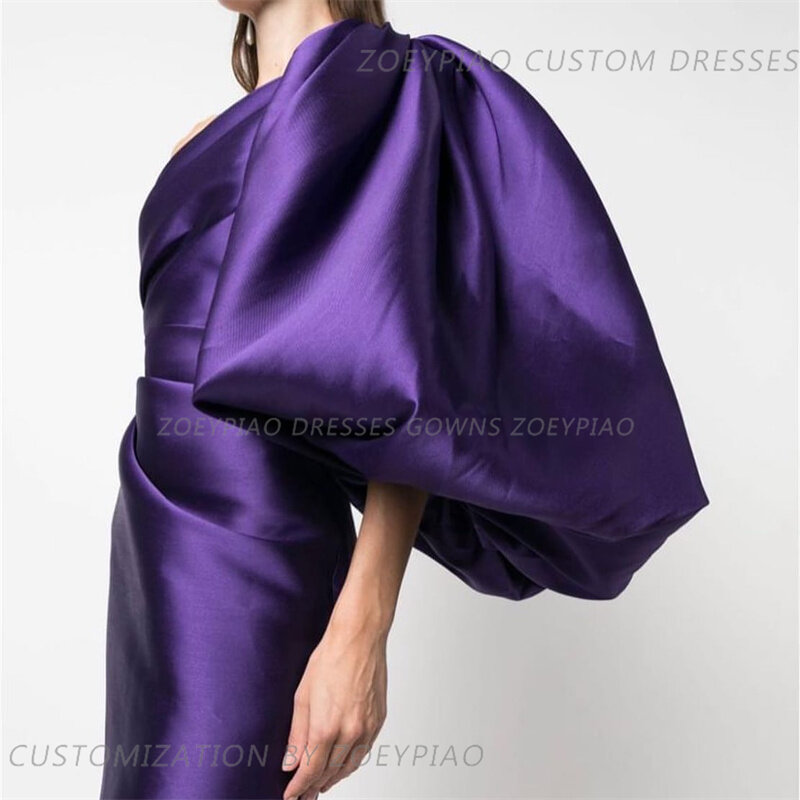 Gaun Prom wanita Lengan satu, ungu panjang pergelangan kaki gaun malam kustom Satin sederhana musim panas satu bahu 2024
