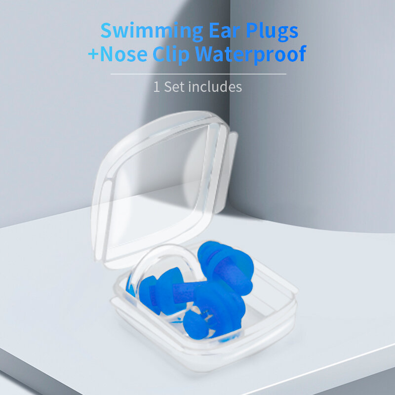 Penyumbat telinga berenang & klip hidung, pelindung telinga tidur pengurang kebisingan silikon tahan air dengan kotak