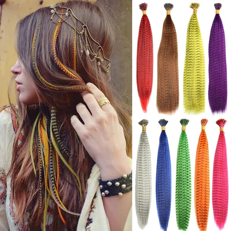 Цветные пряди для наращивания волос, 10 шт., I-образные синтетические волосы, искусственные волосы, линия зебры, удлинители волос с перьями