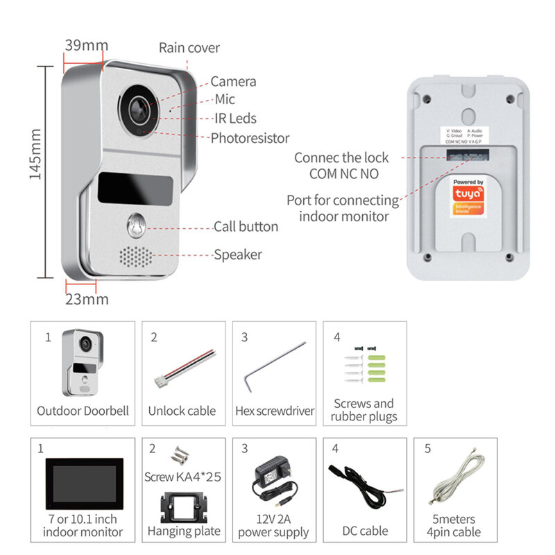 Sistema de intercomunicación para el hogar, videoportero con cámara de visión nocturna IR, Wifi, APP Tuya, 1080P, CMOS, HD, Color