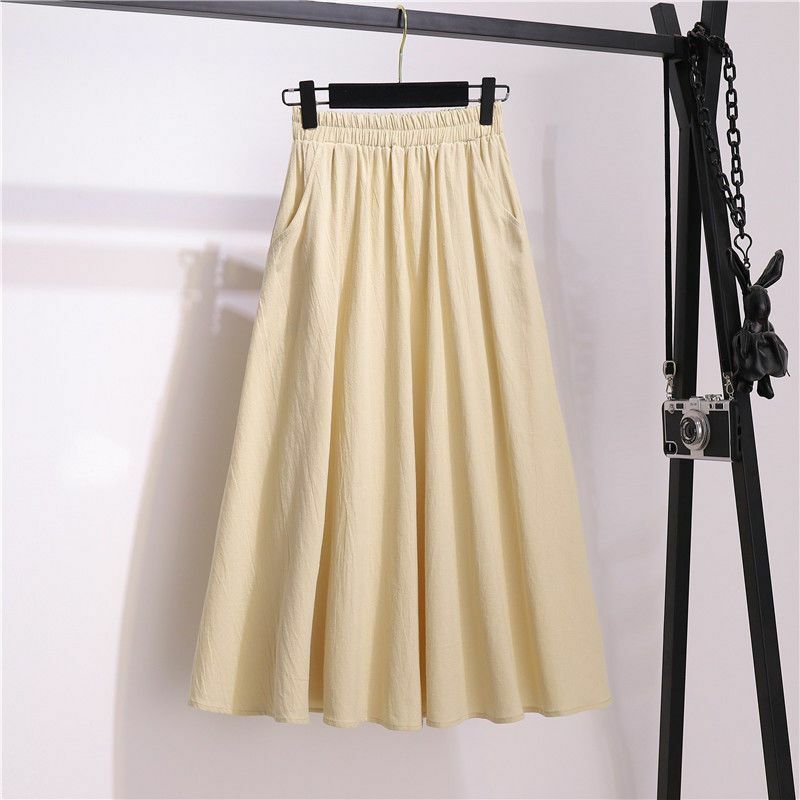 Media falda de algodón y lino de longitud media, falda ajustada de lino con bolsillo, holgada, con reducción de edad, primavera y verano, 2024