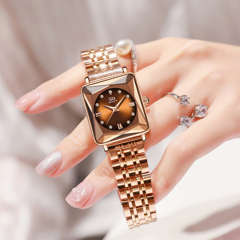 Женские деловые кварцевые часы с квадратным циферблатом, простые Роскошные Модные прямоугольные золотистые водонепроницаемые кварцевые часы из нержавеющей стали, 2023