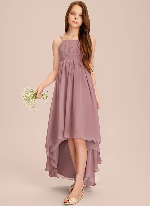 A Line Square Asymmetrical Chiffon Junior Bridesmaid Dress First Communion Gown Birthday Party Bow
